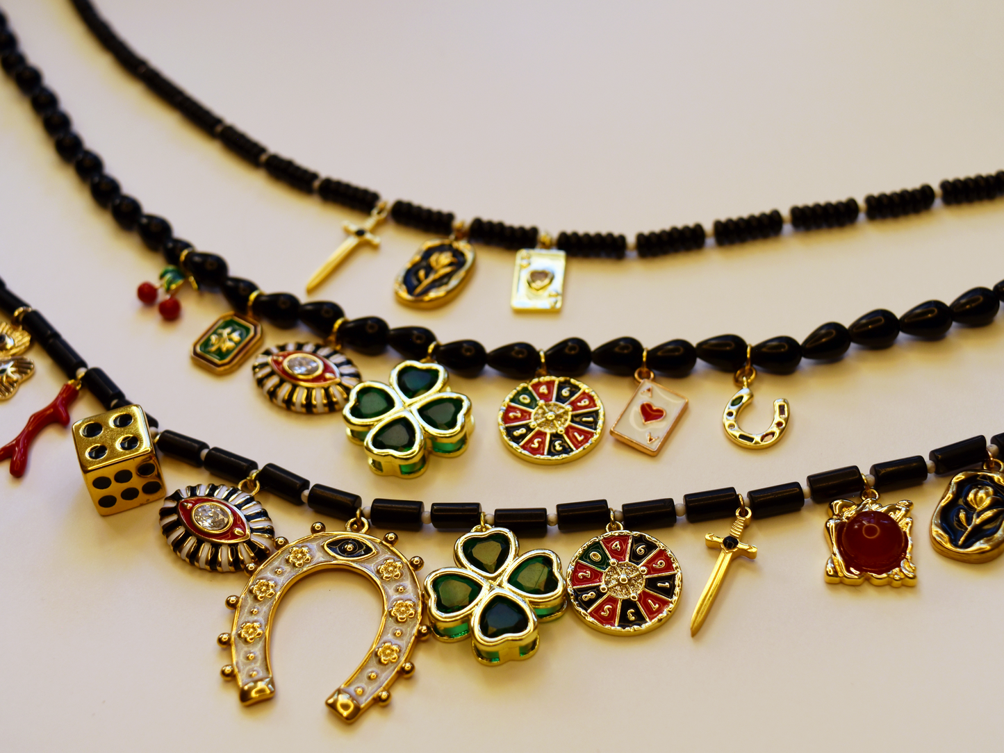 Black Onyx Rondelle Teardrop Beaded Charm Necklace