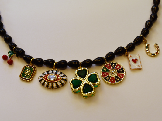 Black Onyx Rondelle Teardrop Beaded Charm Necklace