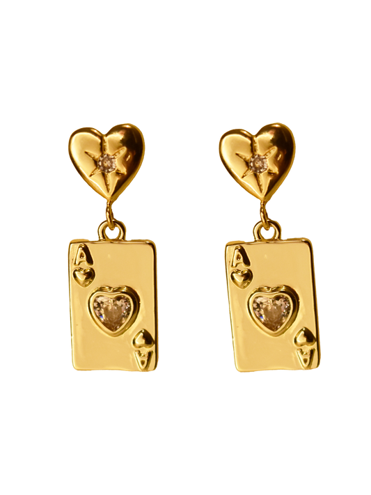 Ace of Hearts Poker Card Gold Earrings