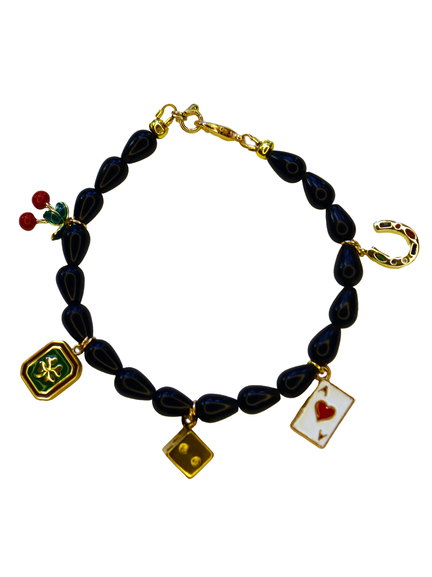 Black Onyx Rondelle Teardrop Beaded Charm Bracelet