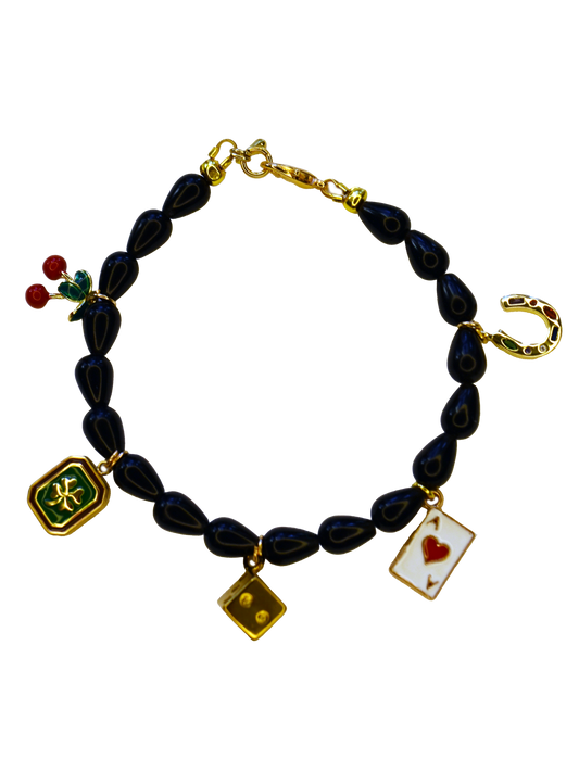 Black Onyx Rondelle Teardrop Beaded Charm Bracelet