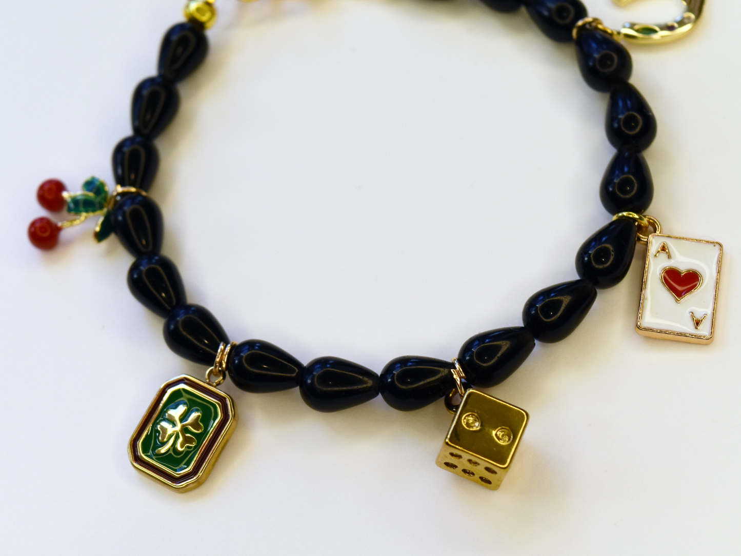 Black Onyx Rondelle Teardrop Beaded Charm Bracelet