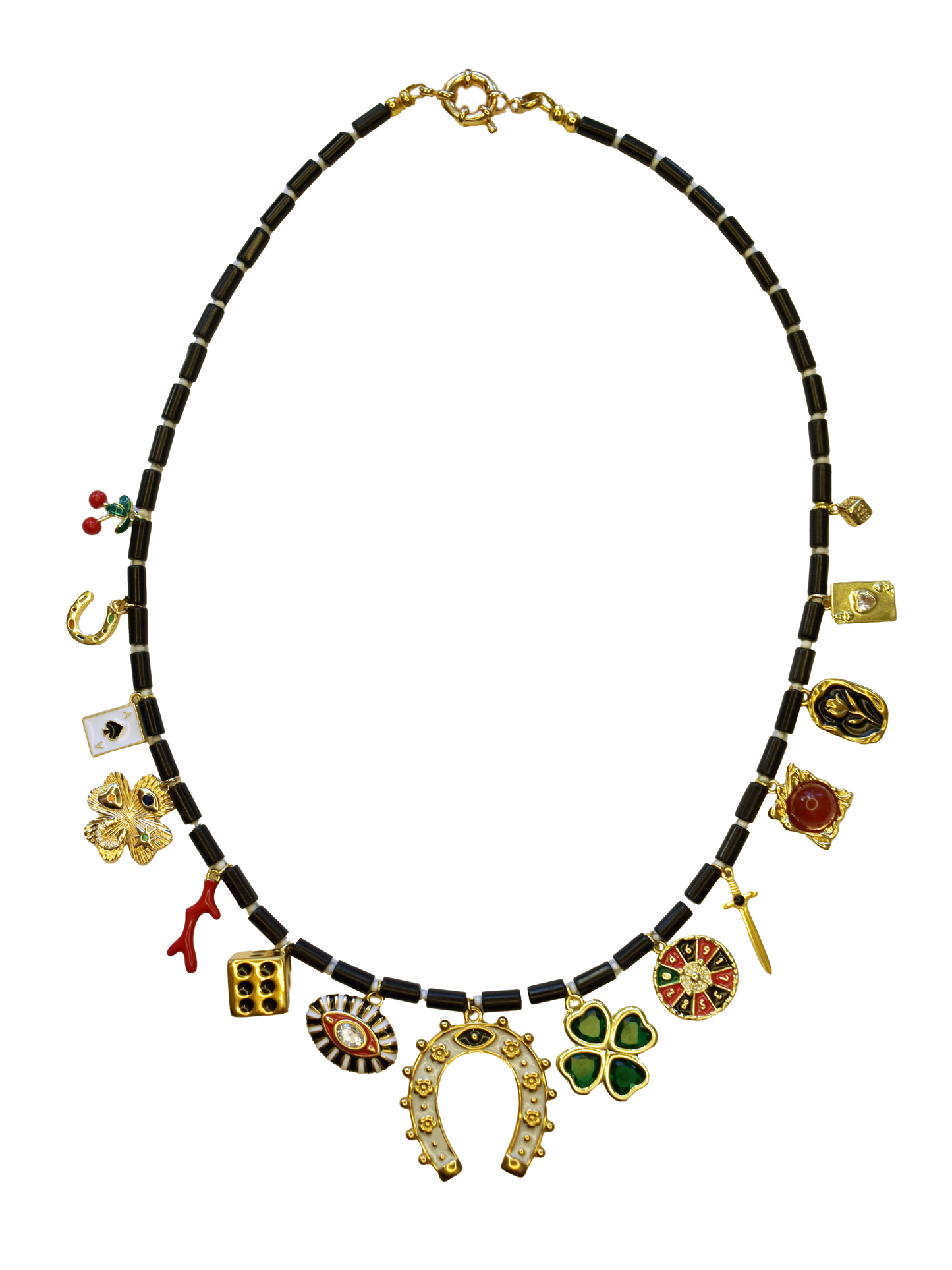 Black Onyx Rondelle Column Beaded Charm Necklace