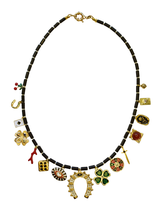 Black Onyx Rondelle Column Beaded Charm Necklace