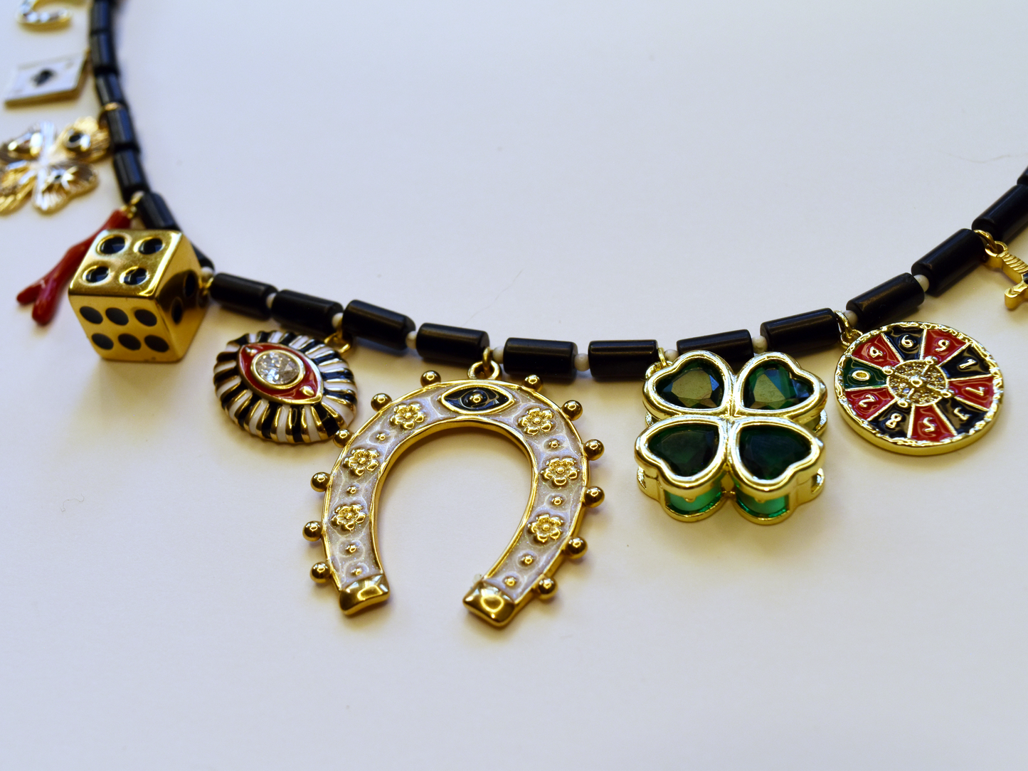 Black Onyx Rondelle Column Beaded Charm Necklace