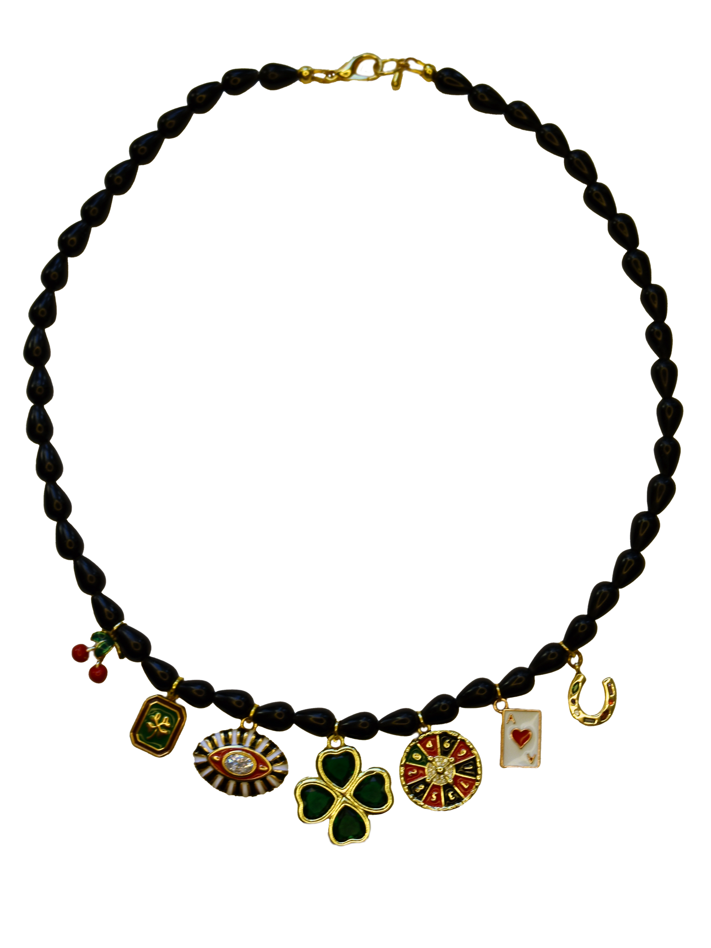 Black Onyx Rondelle Teardrop Beaded Charm Necklace