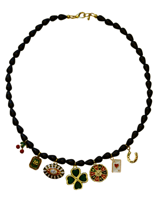 Black Onyx Rondelle Teardrop Beaded Charm Necklace