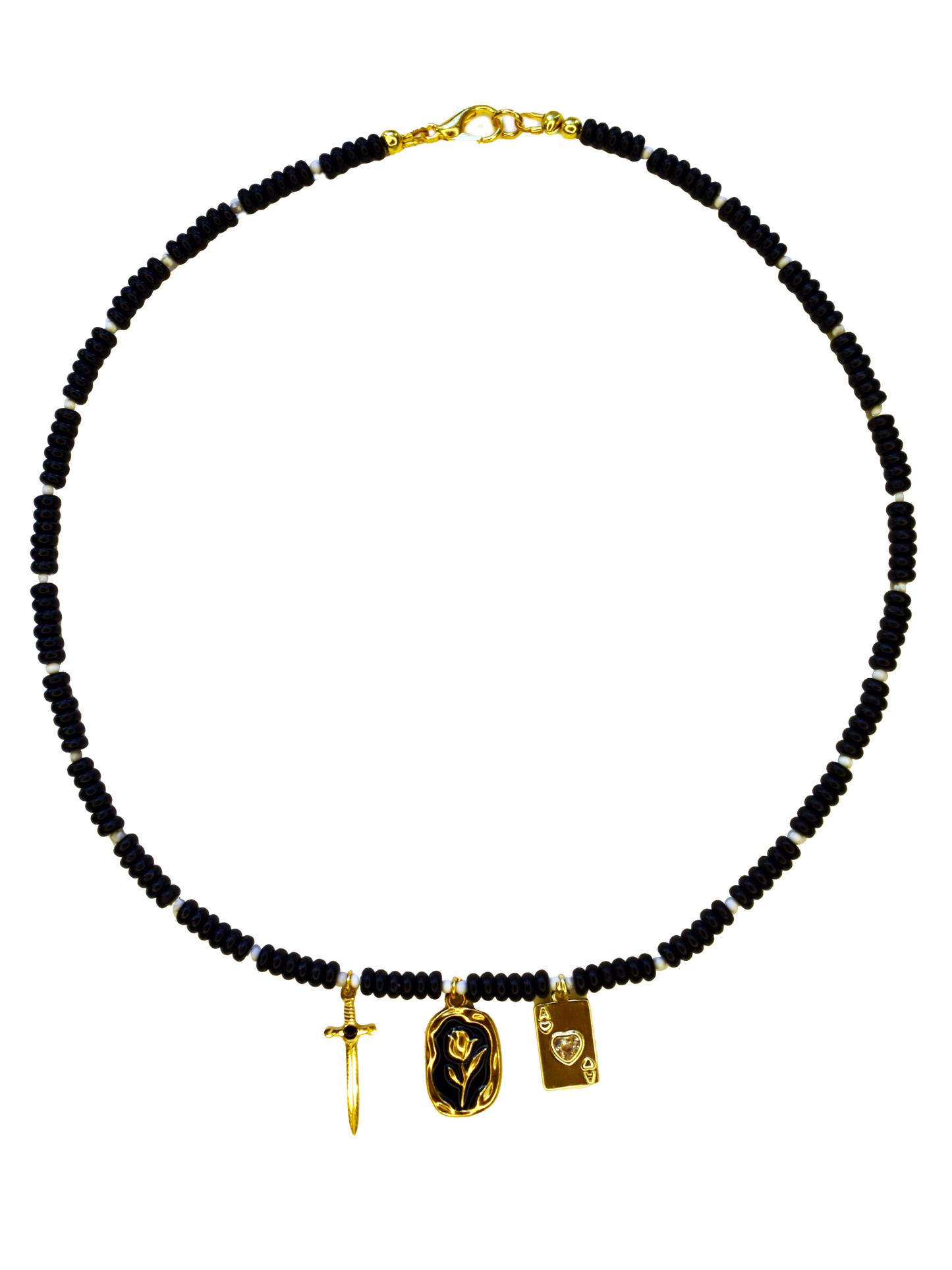 Black Onyx Rondelle Beaded Charm Necklace