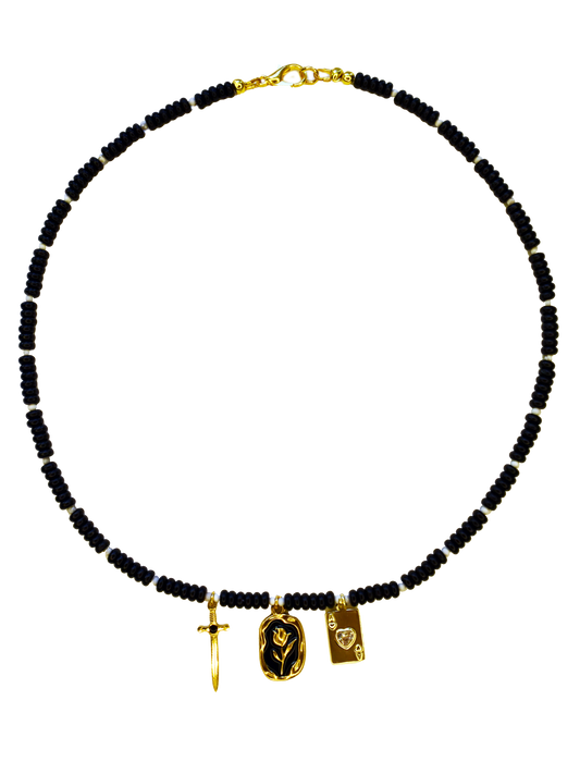 Black Onyx Rondelle Beaded Charm Necklace