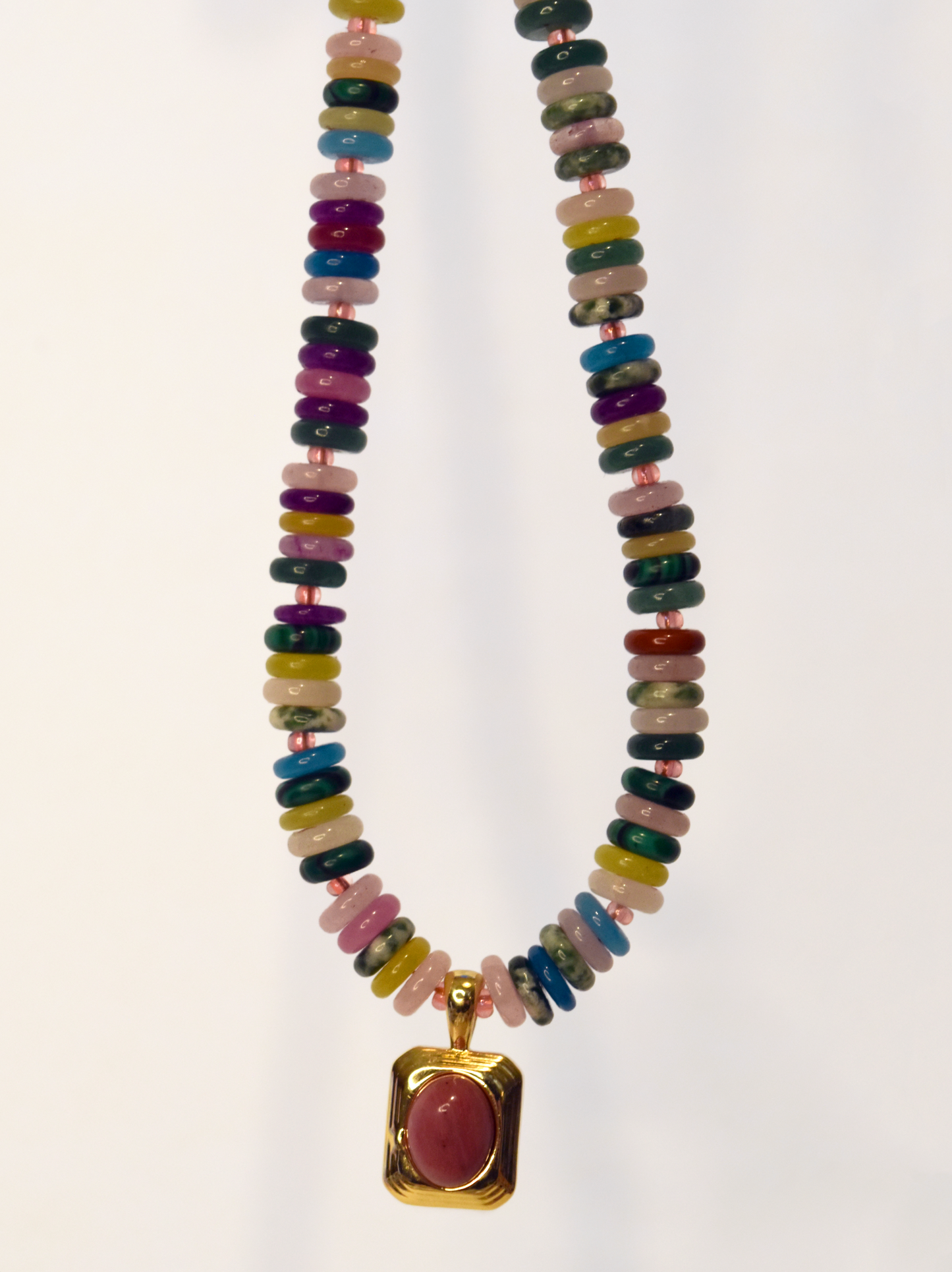 Rondelle Beaded Necklace With Rhodonite Rectangle