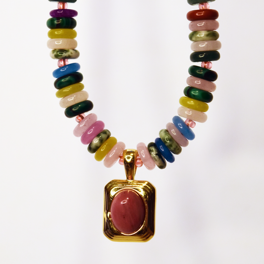 Rondelle Beaded Necklace With Rhodonite Rectangle
