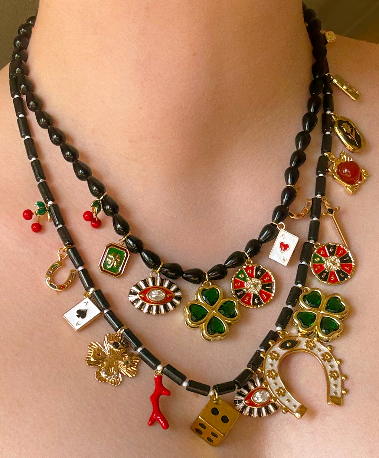 Black Onyx Rondelle Teardrop Beaded Charm Necklace